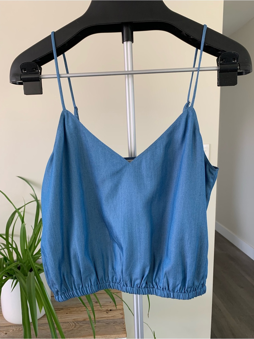Chambray Spaghetti Strap V-Neck Crop Top
